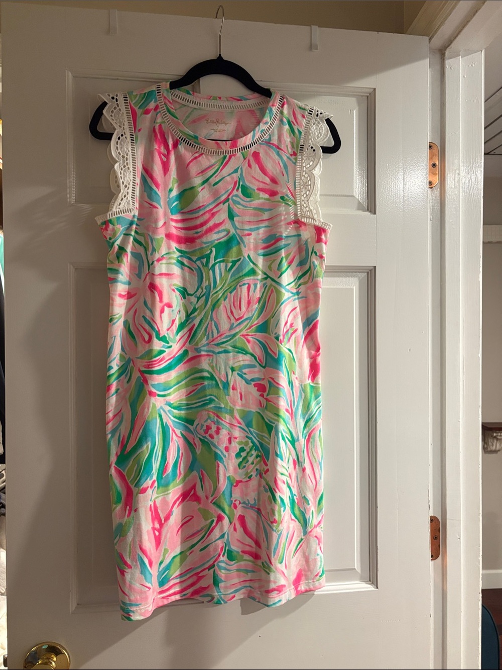 Lilly Pulitzer Agee Shift Lace-Trim Tropical Print Shift Dress - Pink/Green